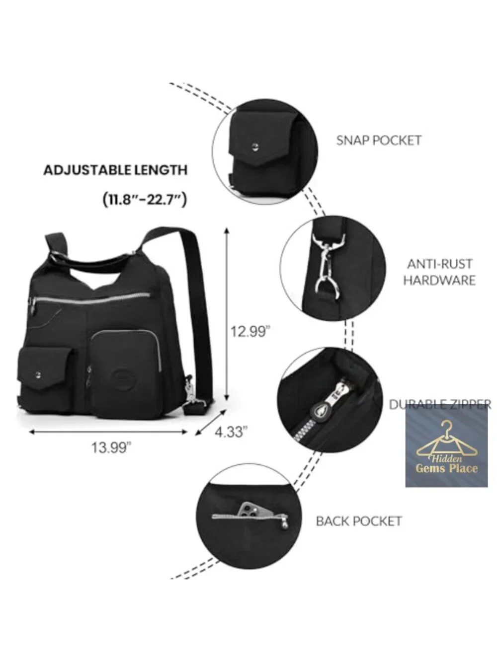 Nylon Hobo Purse Convertible Backpack Crossbody Shoulder Bag RFID Waterproof